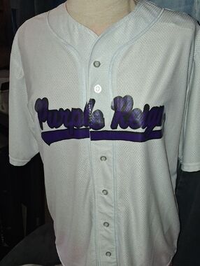 White Baseball Jersey with Purple 'Purple Reign' Script